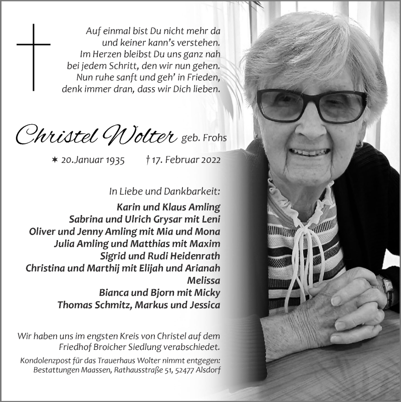  Traueranzeige für Christel Wolter vom 27.02.2022 aus Zeitung am Sonntag