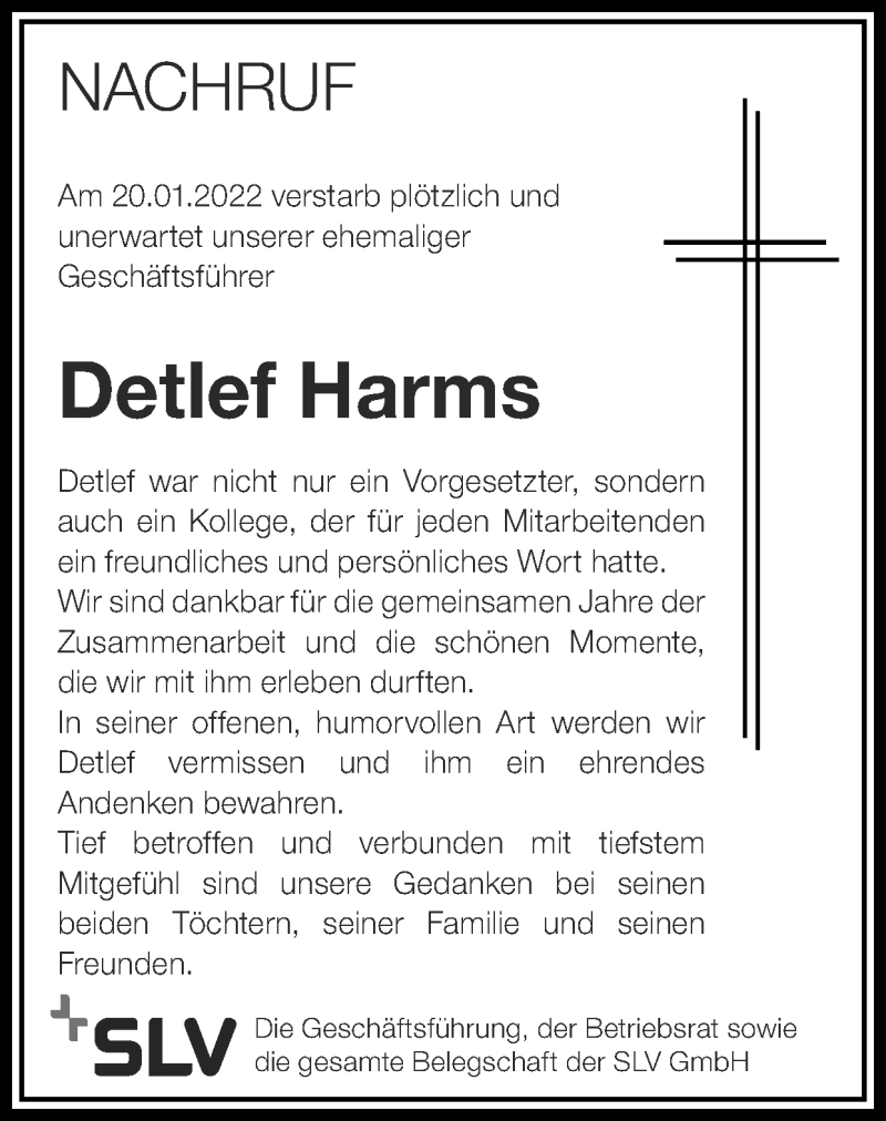  Traueranzeige für Detlef Harms vom 06.02.2022 aus Zeitung am Sonntag