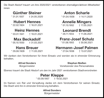 Traueranzeige von Die Stadt Alsdorf trauert um ihre 20202021 verstorbenen ehemaligenaktiven Mitarbeiterinnen  von Aachener Zeitung / Aachener Nachrichten