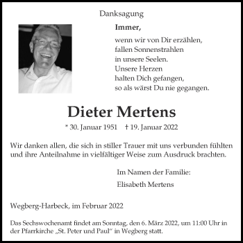 Traueranzeige von Dieter Mertens von Zeitung am Sonntag
