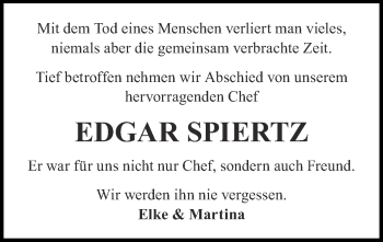 Traueranzeige von Edgar Spiertz von Zeitung am Sonntag