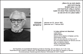Traueranzeige von Edgar Spiertz von Zeitung am Sonntag