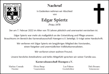 Traueranzeige von Edgar Spiertz von Zeitung am Sonntag