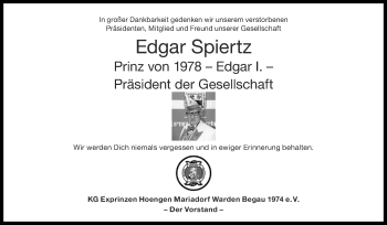 Traueranzeige von Edgar Spiertz von Zeitung am Sonntag