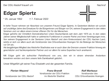 Traueranzeige von Edgar Spiertz von Zeitung am Sonntag