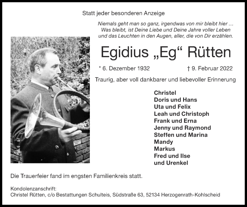  Traueranzeige für Egidius Rütten vom 20.02.2022 aus Zeitung am Sonntag