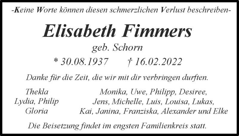  Traueranzeige für Elisabeth Fimmers vom 27.02.2022 aus Zeitung am Sonntag