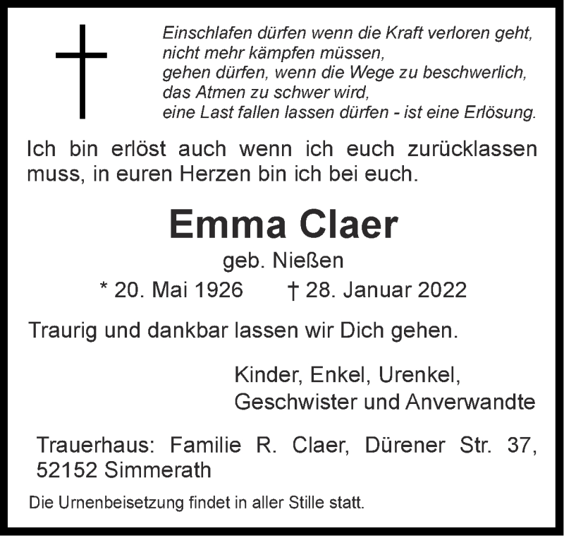  Traueranzeige für Emma Claer vom 06.02.2022 aus Zeitung am Sonntag
