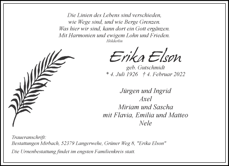  Traueranzeige für Erika Elson vom 19.02.2022 aus Aachener Zeitung / Aachener Nachrichten