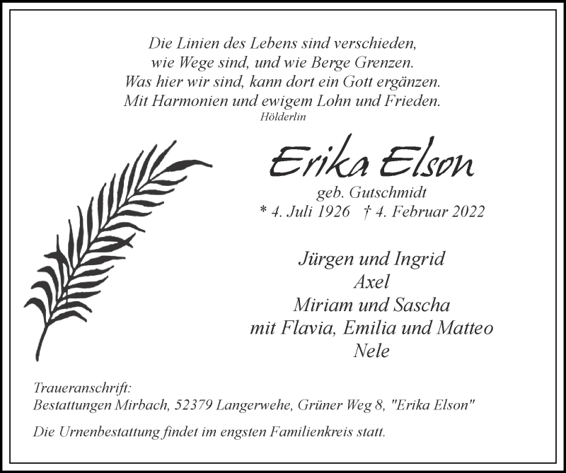  Traueranzeige für Erika Elson vom 20.02.2022 aus Zeitung am Sonntag