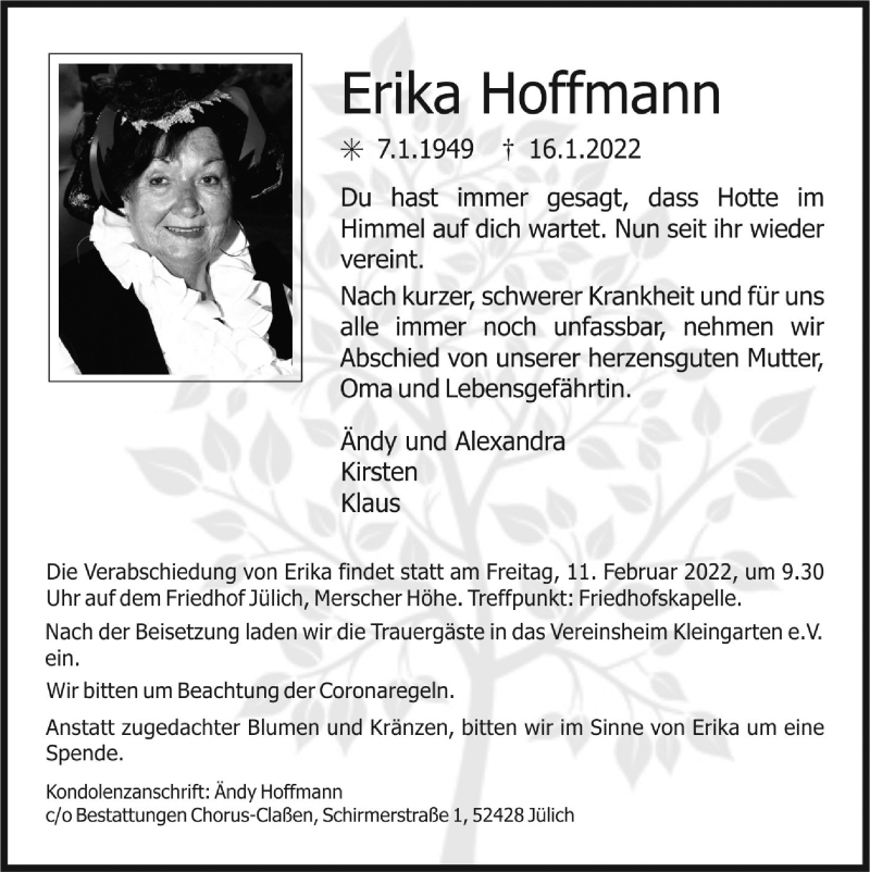  Traueranzeige für Erika Hoffmann vom 06.02.2022 aus Zeitung am Sonntag