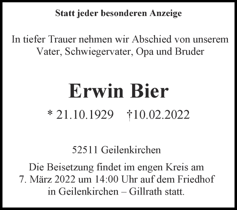  Traueranzeige für Erwin Bier vom 27.02.2022 aus Zeitung am Sonntag