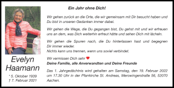 Traueranzeige von Evelyn Haamann von Aachener Zeitung / Aachener Nachrichten