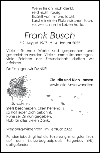 Traueranzeige von Frank Busch von Zeitung am Sonntag