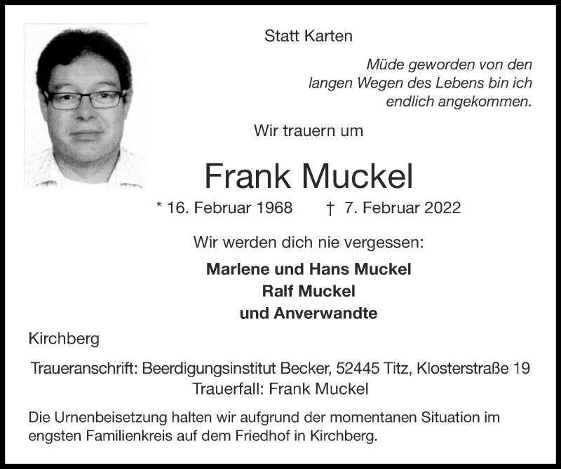  Traueranzeige für Frank Muckel vom 13.02.2022 aus Zeitung am Sonntag