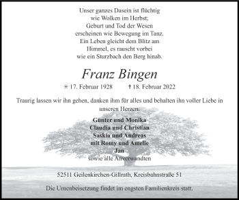 Traueranzeige von Franz Bingen von Zeitung am Sonntag