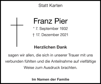 Traueranzeige von Franz Pier von Zeitung am Sonntag