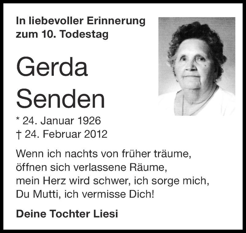  Traueranzeige für Gerda Senden vom 27.02.2022 aus Zeitung am Sonntag
