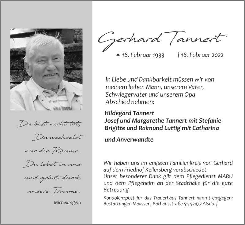  Traueranzeige für Gerhard Tannert vom 27.02.2022 aus Zeitung am Sonntag