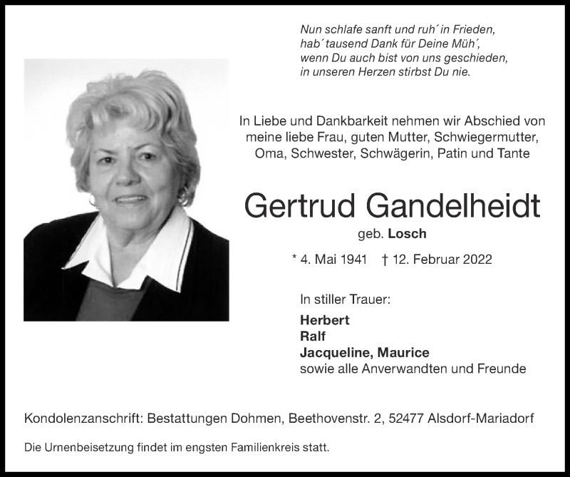  Traueranzeige für Gertrud Gandelheidt vom 20.02.2022 aus Zeitung am Sonntag
