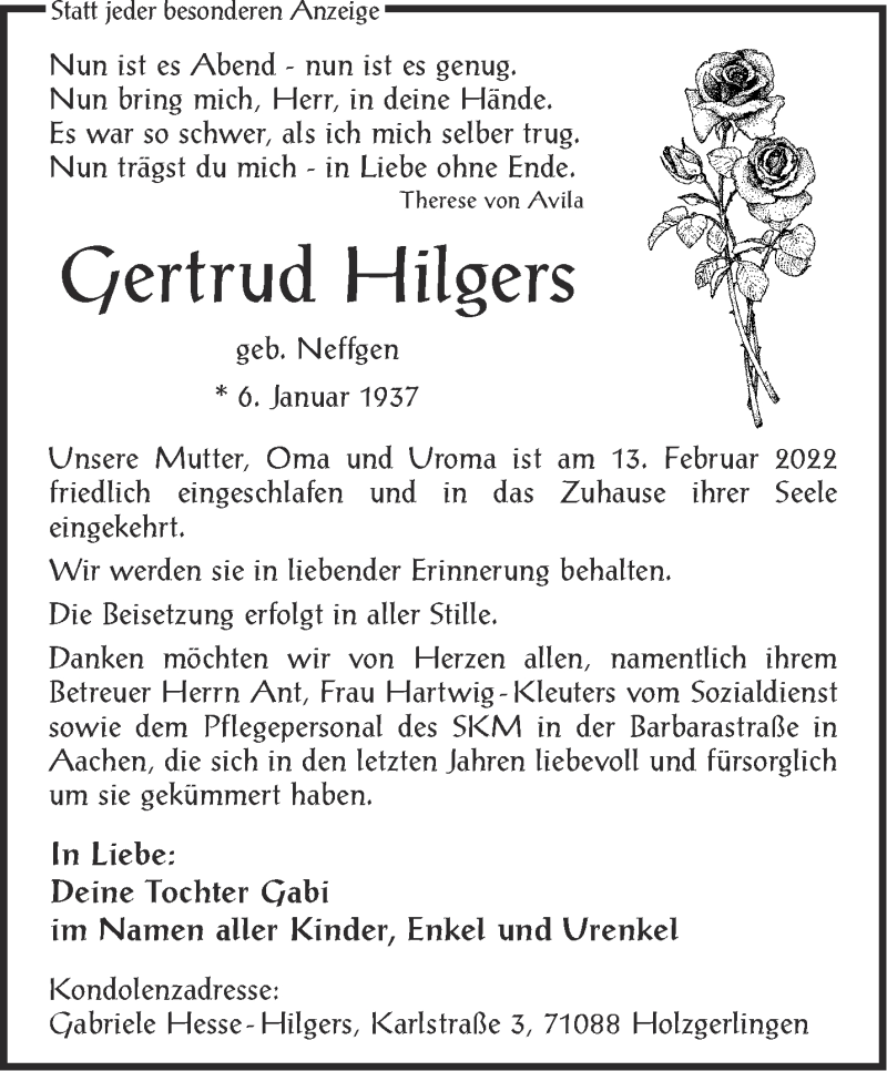  Traueranzeige für Gertrud Hilgers vom 19.02.2022 aus Aachener Zeitung / Aachener Nachrichten