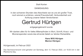 Traueranzeige von Gertrud Hürtgen von Zeitung am Sonntag