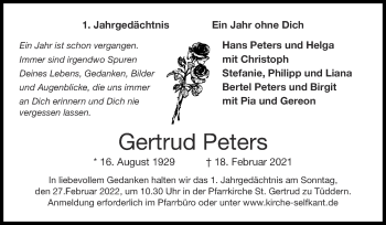 Traueranzeige von Gertrud Peters von Zeitung am Sonntag