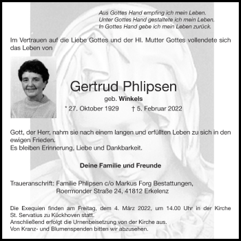 Traueranzeige von Gertrud Phlipsen von Zeitung am Sonntag