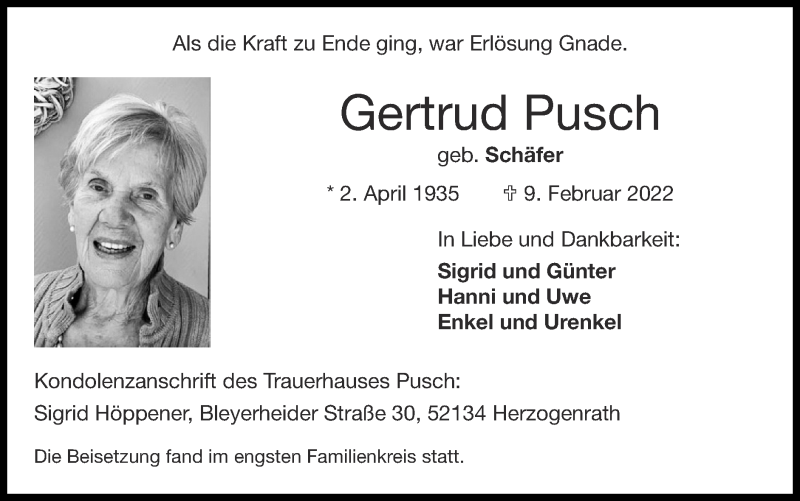  Traueranzeige für Gertrud Pusch vom 27.02.2022 aus Zeitung am Sonntag