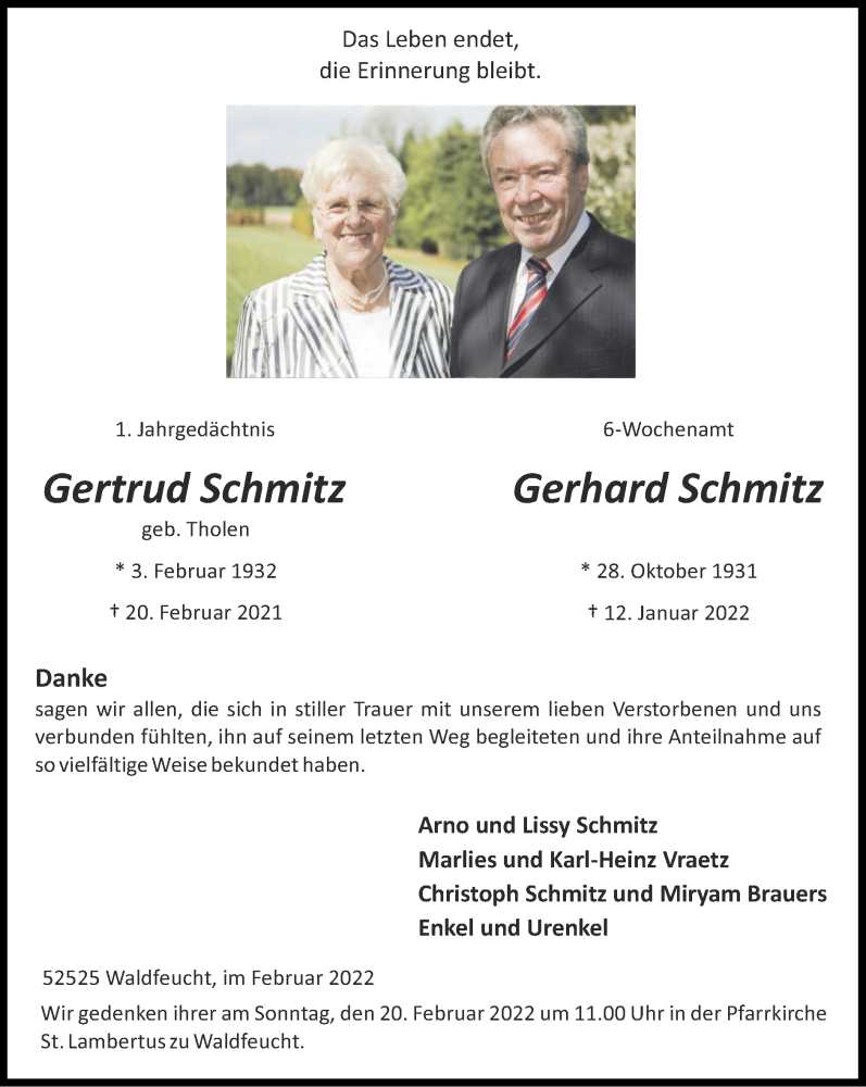  Traueranzeige für Gertrud Schmitz vom 13.02.2022 aus Zeitung am Sonntag