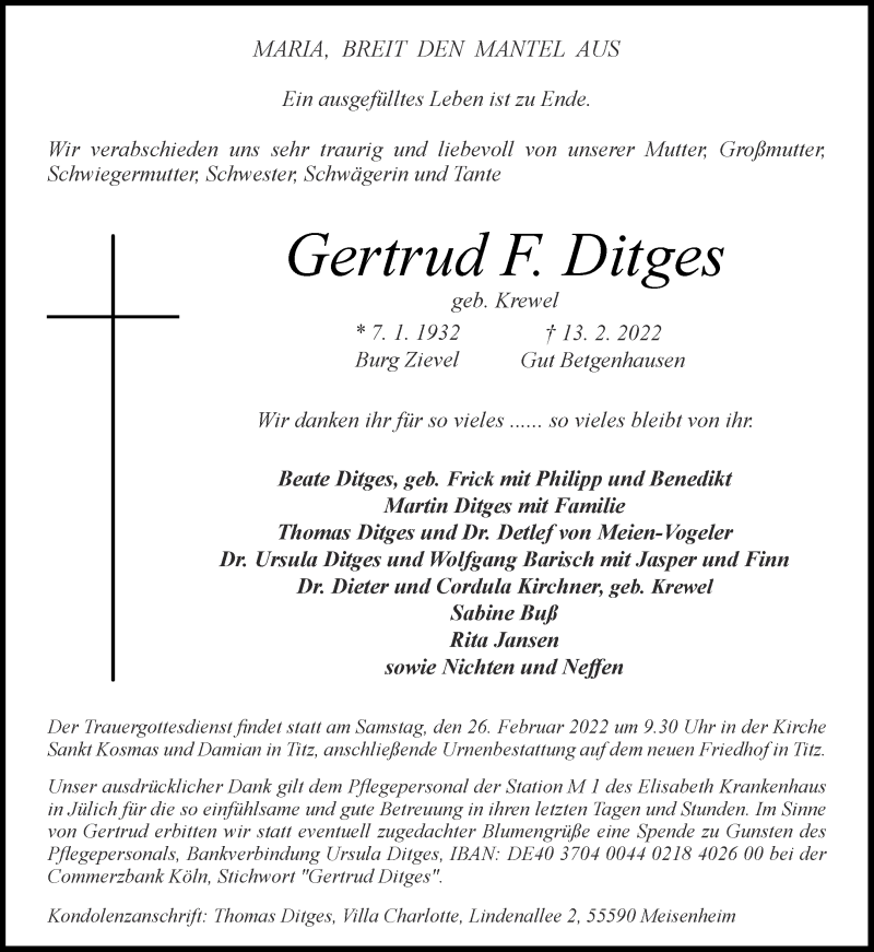  Traueranzeige für Gertrud F. Ditges vom 19.02.2022 aus Aachener Zeitung / Aachener Nachrichten