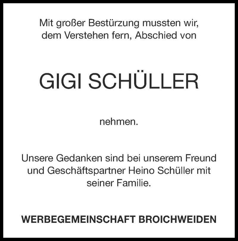  Traueranzeige für Gigi Schüller vom 06.02.2022 aus Zeitung am Sonntag
