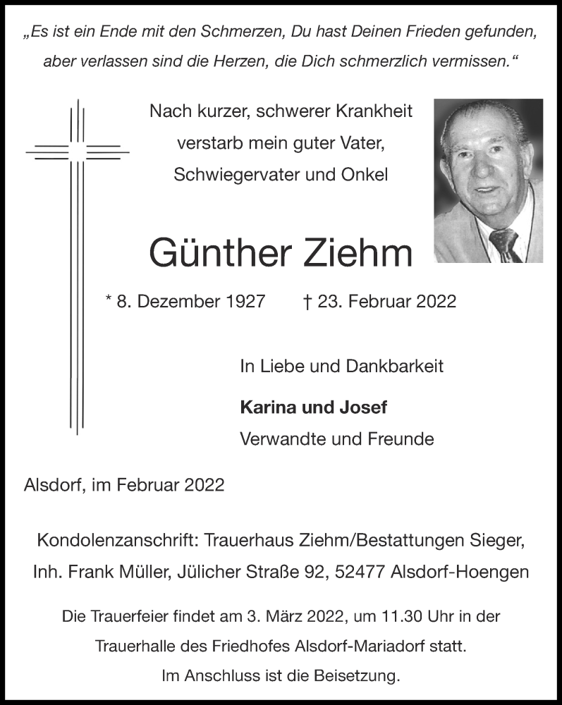  Traueranzeige für Günther Ziehm vom 27.02.2022 aus Zeitung am Sonntag