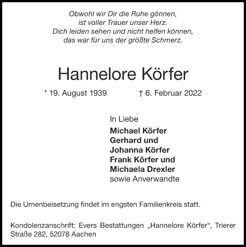  Traueranzeige für Hannelore Körfer vom 20.02.2022 aus Zeitung am Sonntag