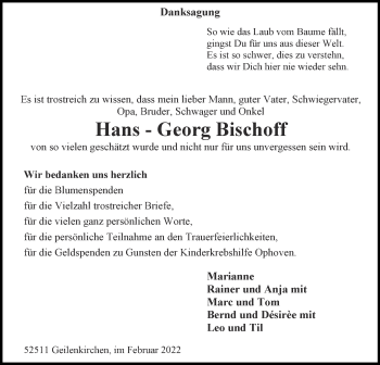 Traueranzeige von Hans-Georg Bischoff von Zeitung am Sonntag