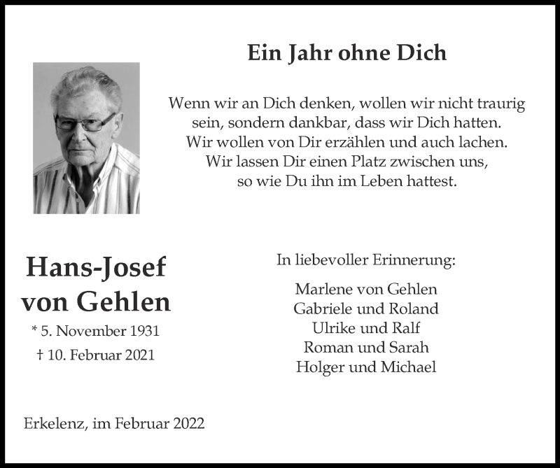  Traueranzeige für Hans-Josef von Gehlen vom 13.02.2022 aus Zeitung am Sonntag