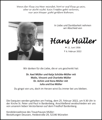 Traueranzeige von Hans Müller von Zeitung am Sonntag