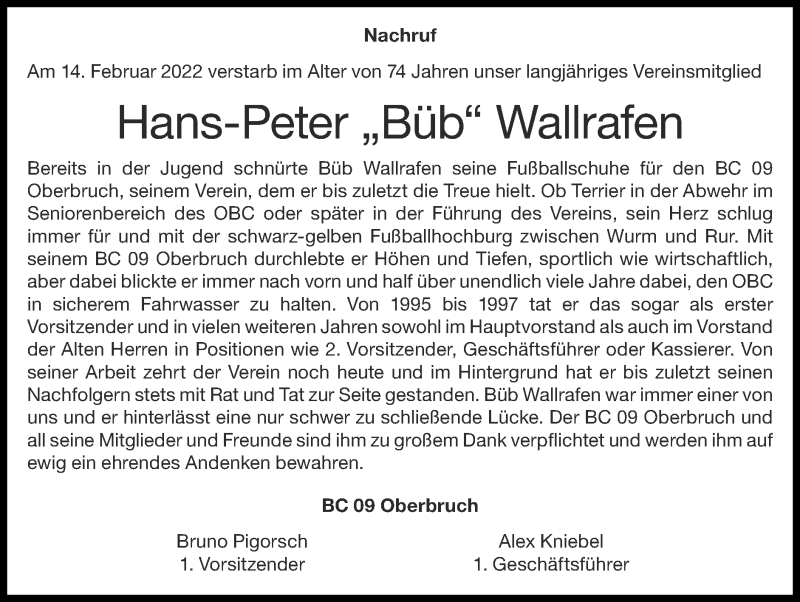  Traueranzeige für Hans-Peter Wallrafen vom 27.02.2022 aus Zeitung am Sonntag