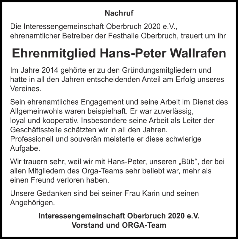  Traueranzeige für Hans-Peter Wallrafen vom 27.02.2022 aus Zeitung am Sonntag
