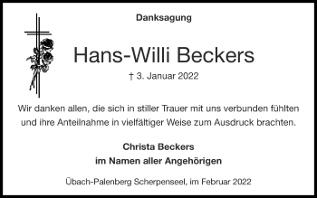 Traueranzeige von Hans-Willi Beckers von Zeitung am Sonntag