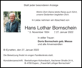 Traueranzeige von Hans Lothar Bornschein von Zeitung am Sonntag