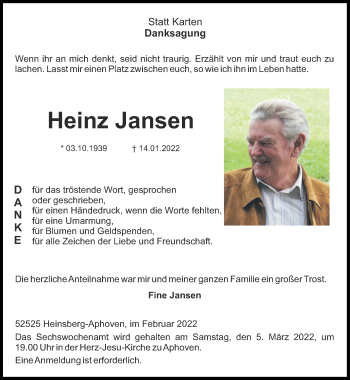 Traueranzeige von Heinz Jansen von Zeitung am Sonntag