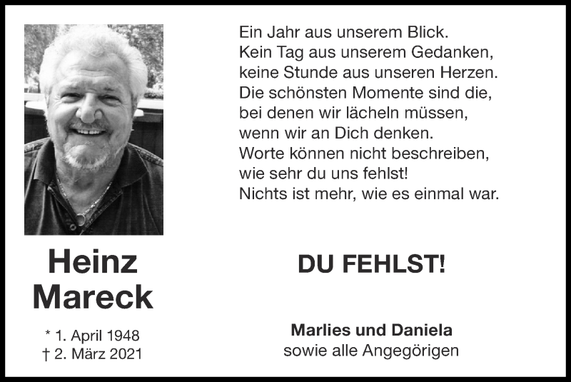  Traueranzeige für Heinz Mareck vom 27.02.2022 aus Zeitung am Sonntag