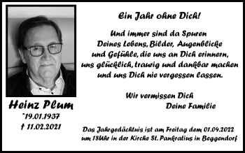 Traueranzeige von Heinz Plum von Zeitung am Sonntag