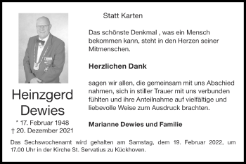 Traueranzeige von Heinzgerd Dewies von Zeitung am Sonntag