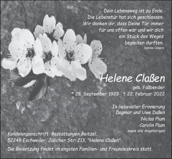 Traueranzeige von Helene Claßen von Zeitung am Sonntag