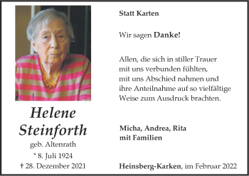 Traueranzeige von Helene Steinforth von Zeitung am Sonntag