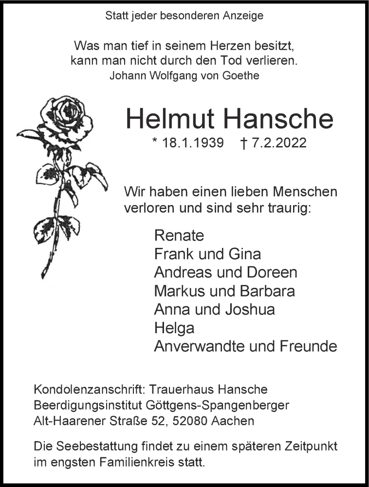  Traueranzeige für Helmut Hansche vom 12.02.2022 aus Aachener Zeitung / Aachener Nachrichten