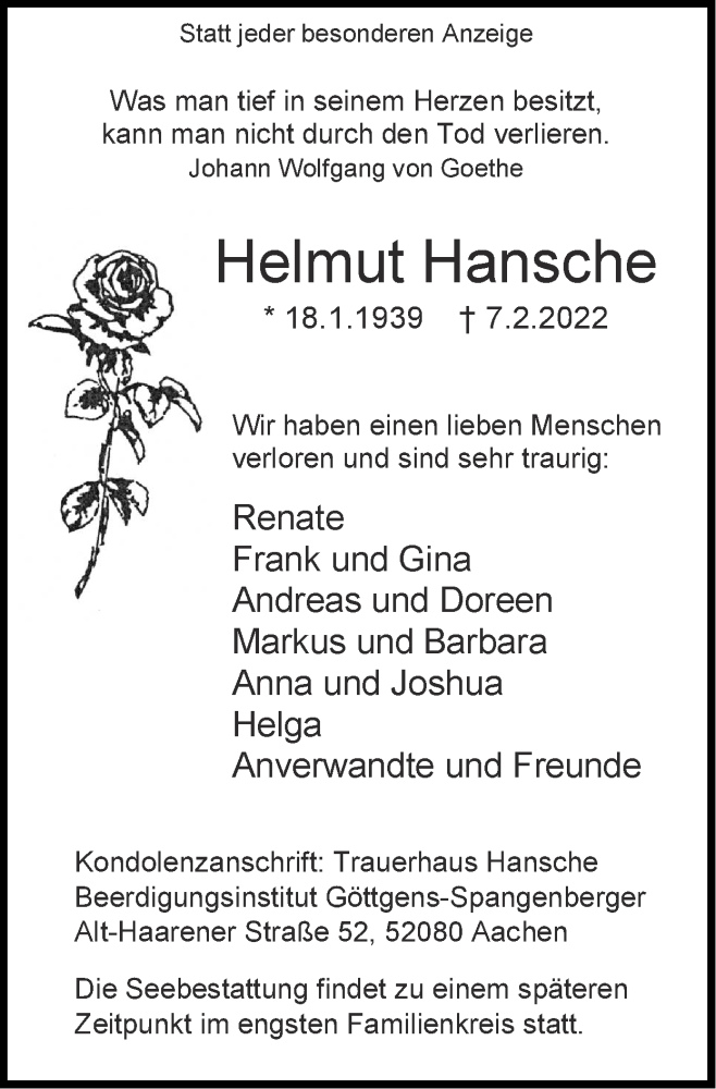  Traueranzeige für Helmut Hansche vom 13.02.2022 aus Zeitung am Sonntag