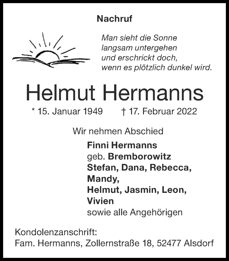  Traueranzeige für Helmut Hermanns vom 27.02.2022 aus Zeitung am Sonntag